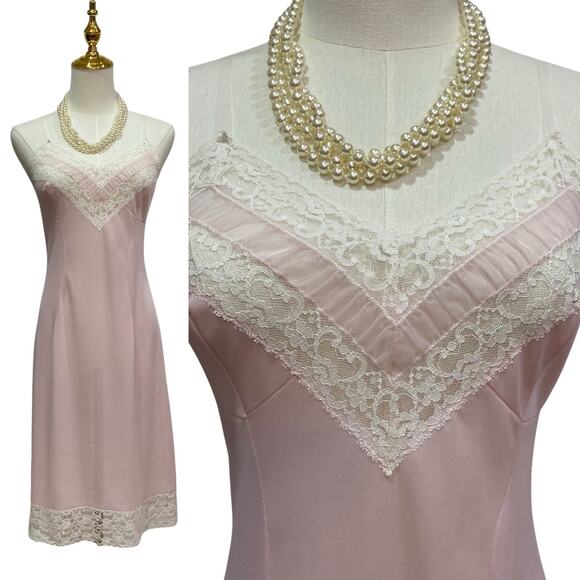Vintage 60s Perlon Pastel Pink Nylon Chiffon Lace Full Slip Dress Women’s Size M - Picture 1 of 9